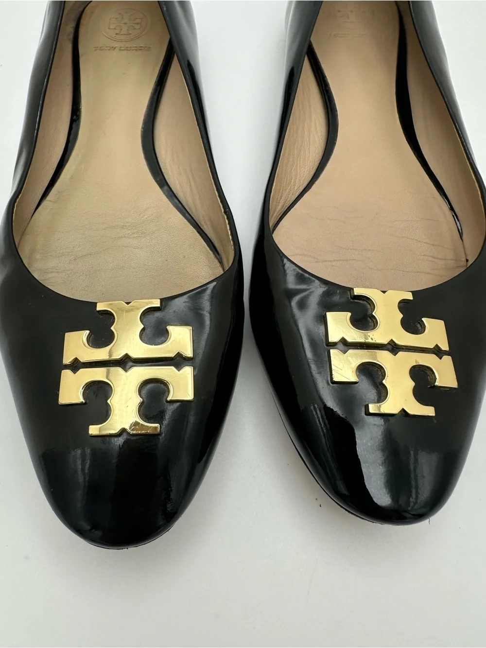 Tory Burch Black Patent Leather Logo Flats with Gold Emblem
